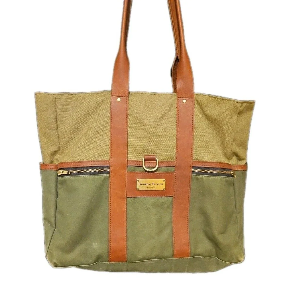 Sword & Plough Green Canvas And Leather Signature Tote Bag, Made In USA - Picture 5 of 11